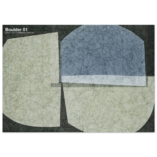 Grey, green, blue three shapes minimal abstract, old paper texture, transparent tints and 'Boulder 1' typography.