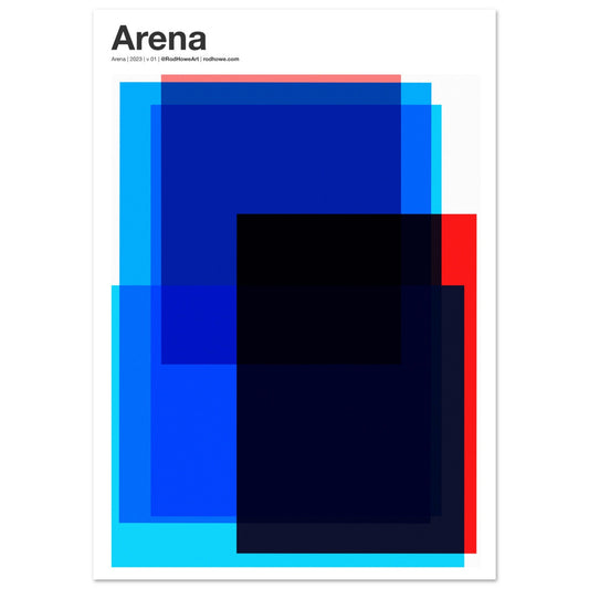 Geometric squares & rectangles blue, black, red overlapping transparent tints, 'Arena' typography. 