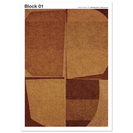 Brown tonal quartered shapes, minimal geometric with old paper texture, 'Block 1' typography.