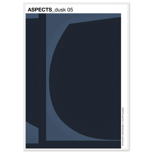 Dark blue indigo duotone, two shapes minimal abstract, 'Aspects dusk 5' typography in white frame.