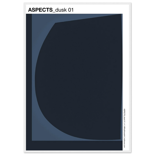 Dark blue indigo duotone, two shapes minimal abstract, 'Aspects dusk 1' typography in white frame.