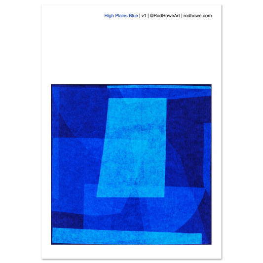 Blue monotone geometric abstract, layered minimal shapes, 'High Plains Blue' typography.