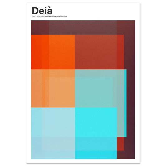 Geometric squares & rectangles brown, orange, cyan overlapping transparent tints, 'Deià' typography. 