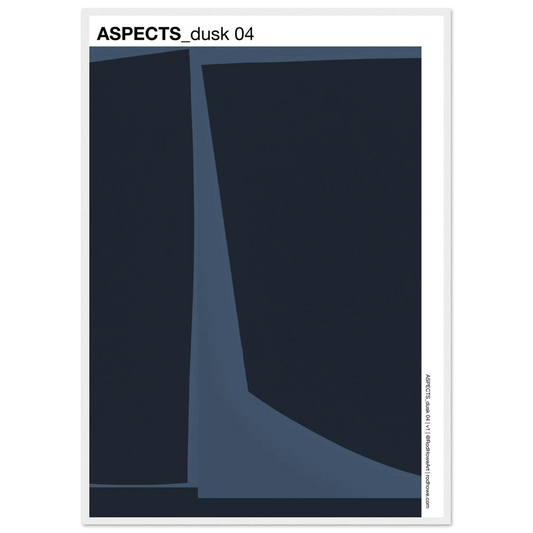 Dark blue indigo duotone, two shapes minimal abstract, 'Aspects dusk 4' typography in white frame.