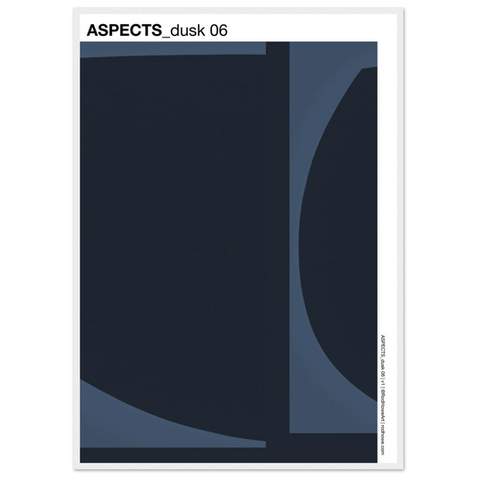 Dark blue indigo duotone, two shapes minimal abstract, 'Aspects dusk 6' typography.