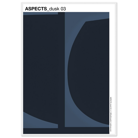 Dark blue indigo duotone, two shapes minimal abstract, 'Aspects dusk 3' typography in white frame.